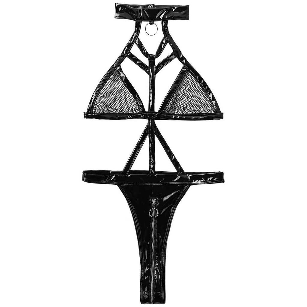 European & American Sexy Patent Leather Mesh Three-Point Bodysuit Lingerie Set
