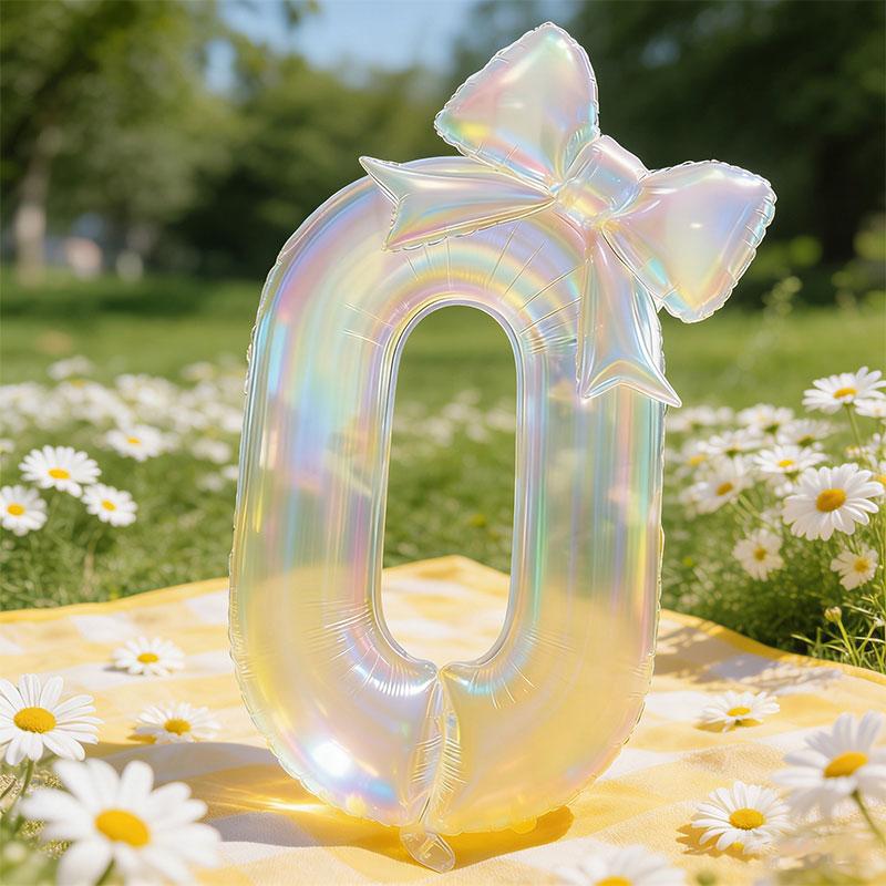 Large Iridescent Transparent Number-shaped Foil Balloons with 24-inch Iridescent Bow Decorations, Suitable for Birthday Parties