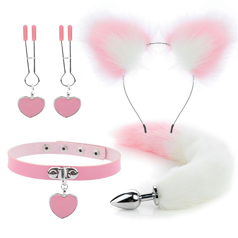 Anal Sex Toys Fox Tail Butt Plug Sexy Plush Cat Ear Headband With Bells Necklace Set Massage Sex Toys For Women Couples Cosplay