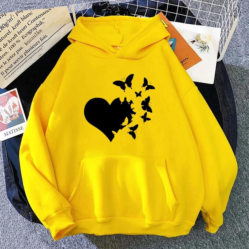 Heart Print Woman Hooded Sweatshirts Autumn Winter Daily Casual Sporty Hoodie Female Urban Fashion Warm Comfortable Hoody Coat