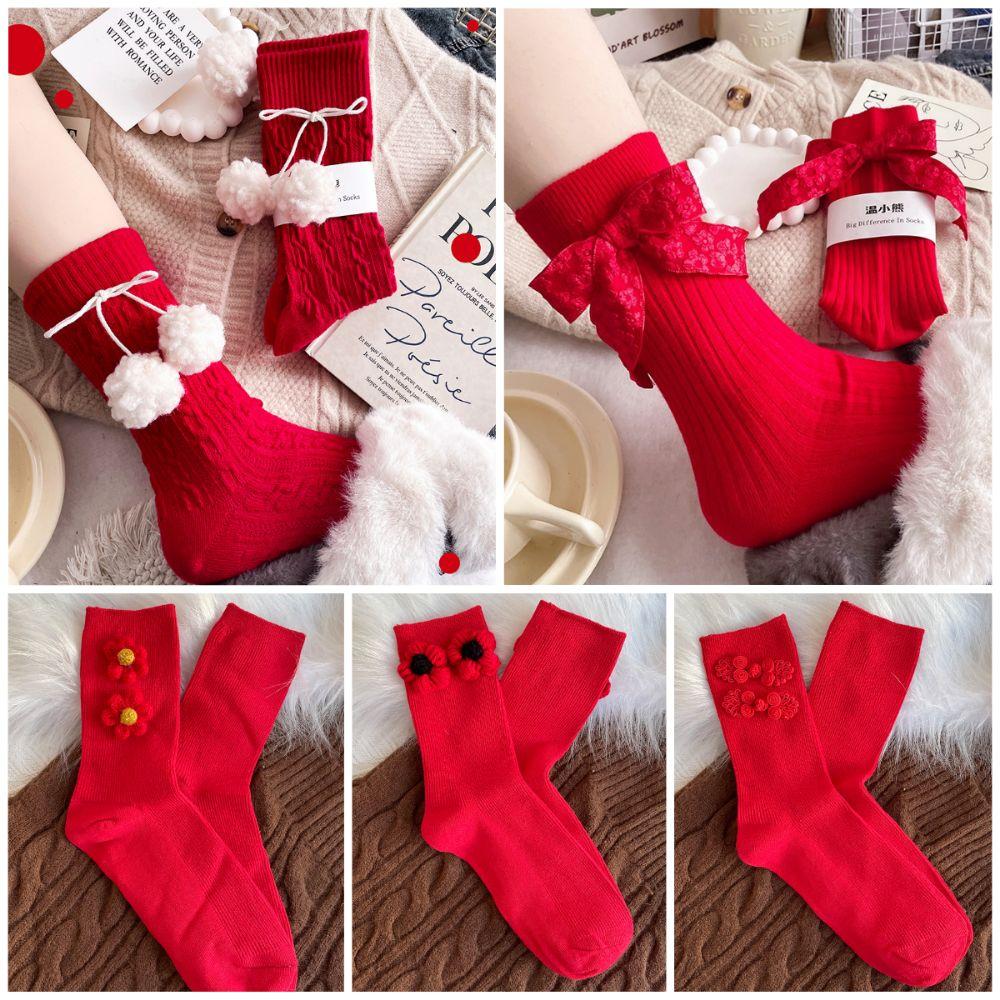 

Red in Tube Socks Bowknot Hairball Bowknot Stocking Kawaii Zodiac Year Socks Chinese New Year 5