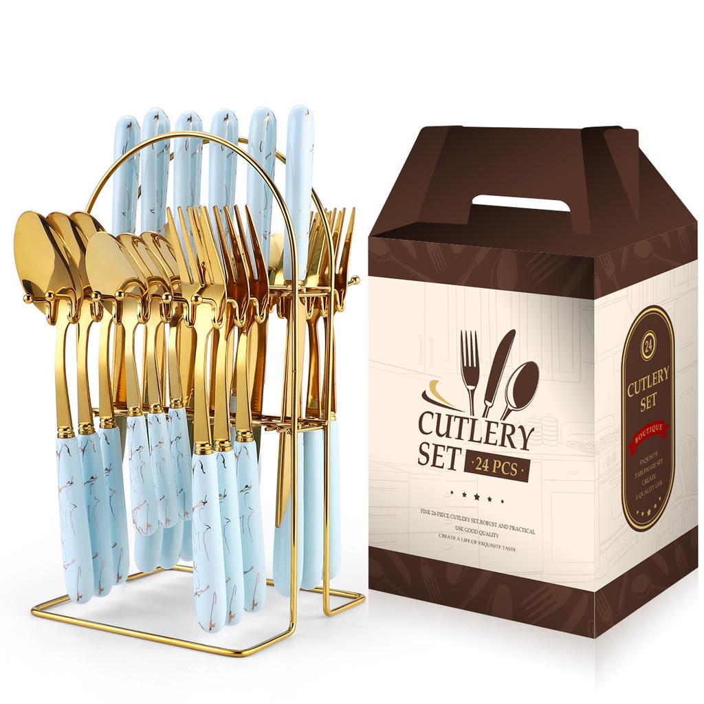 2026 Ceramic Handle Stainless Steel Tableware Set 24-piece Set Household Gold Knife and Fork Spoon Storage Shelf Gift Box
