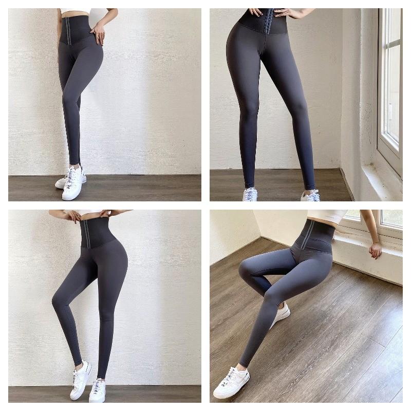 Hot-Stamped Logo Double-Breasted High-Waisted Butt-Lifting Yoga Pants with Waistband Tummy-Control Stretch Fleece-Lined Leggings for Women
