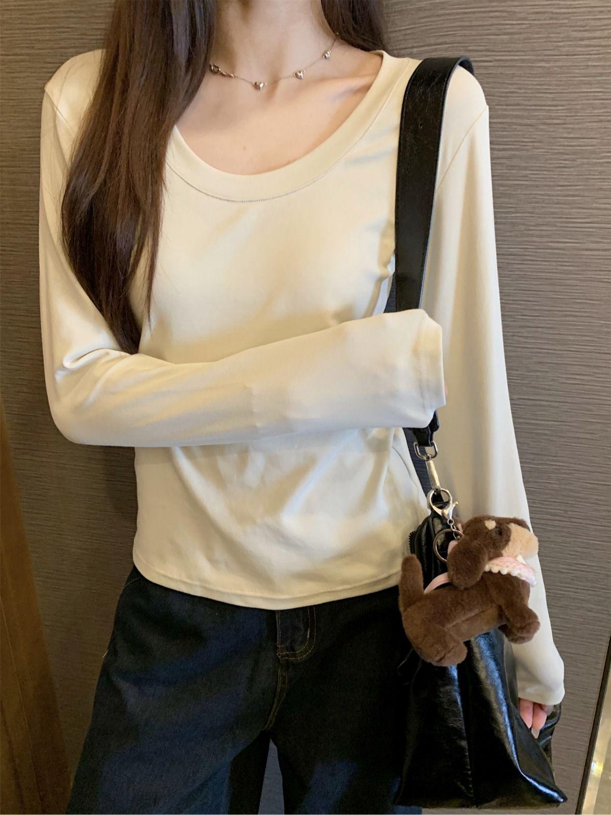 

Chic French U-Neck Long-Sleeve Women s T-Shirt - Versatile, Trendy, Basic Layer Small абрикосовый