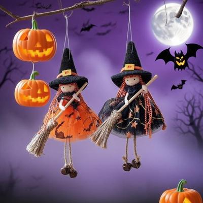 Ornament Hanging Broom Girl Angel Pendant Bell Foot Mesh Witch Figurine Handicraft Kid Cute Halloween Witch Party Supplies