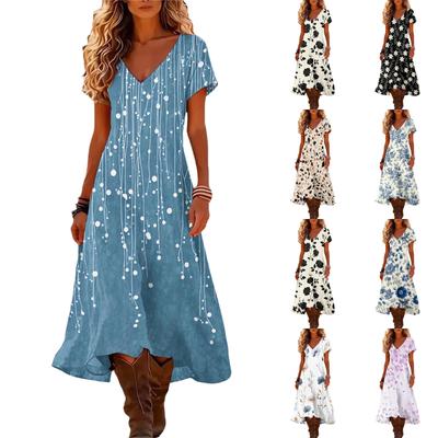 Modisches Damen Sommer V-Ausschnitt Kurzarm Retro Blumenprint Strandkleid