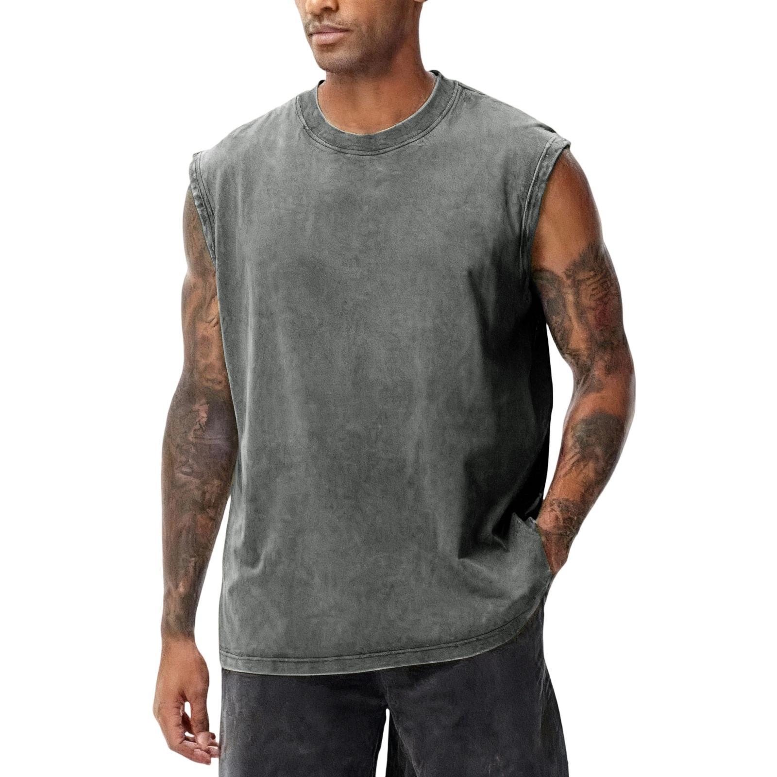 

Men s Casual American- Washed Sleeveless Vest, Men s Retro Round-neck Cotton T-shirt Top M
