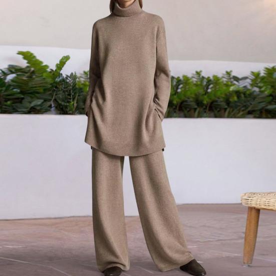 2 Pcs/Set Sweatshirt Pants Set Knitting High Collar Long Sleeves Pullover Loose Neck Protection Casual Wide Leg Winter Blouse Pants Set for Daily Wear