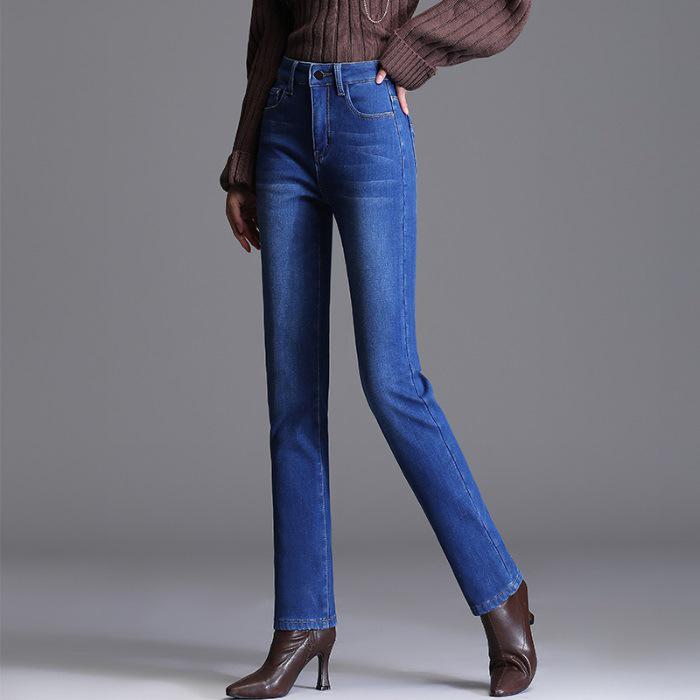Women s High-Waisted Fleece-Lined Slimming Denim Pants - Winter Straight Leg Style Size 32