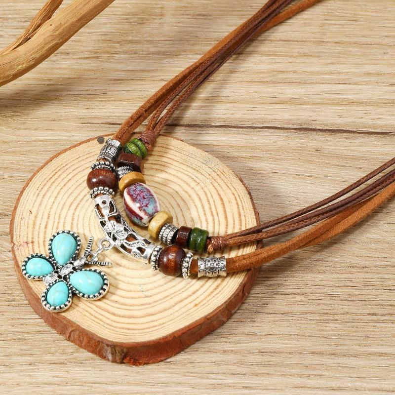 New 1-piece set of personalized fashion wax thread beaded wooden beads butterfly necklace new H