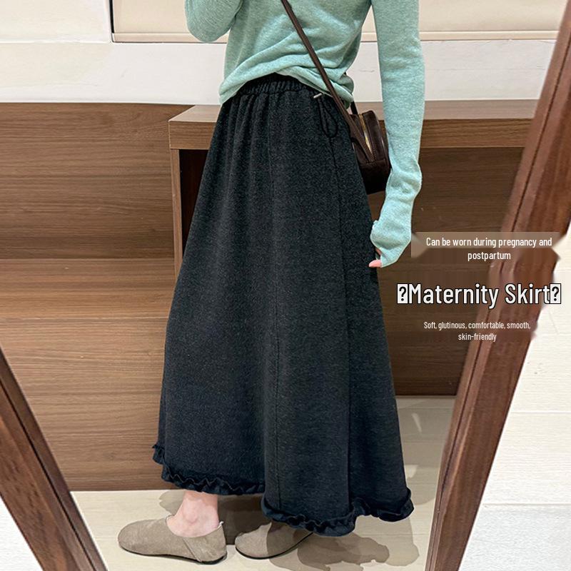 Maternity Ruffle Midi Skirt - Winter 2025 Korean Style, Thickened, Slimming, Versatile Long Design L
