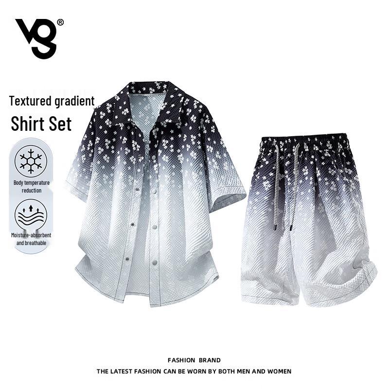 VUUG Men s Textured Gradient Short Sleeve Shirt  Shorts Set 4XL