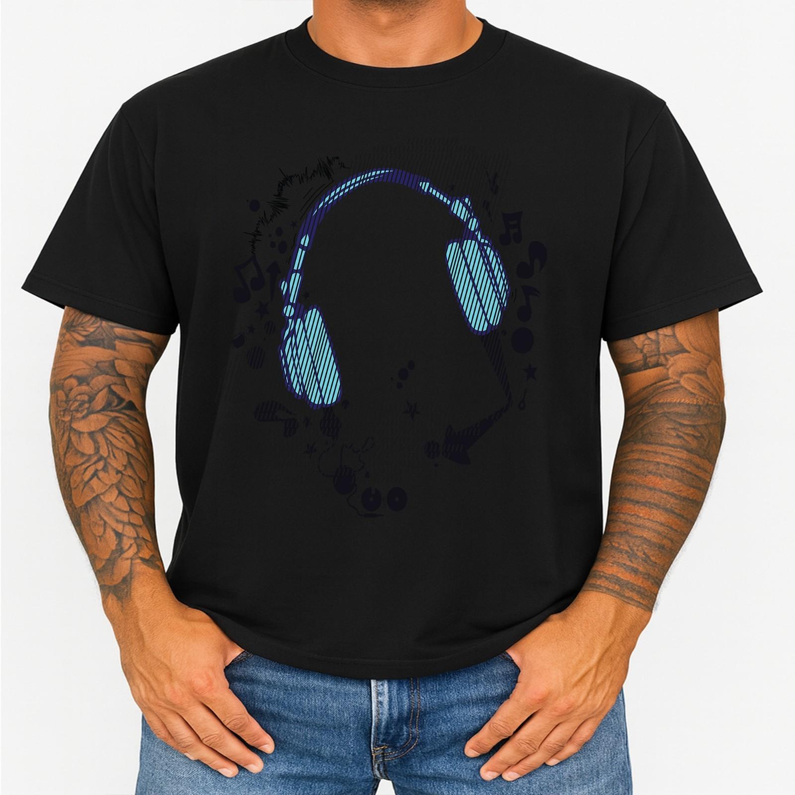 Headphones T Shirt Music Lover DJ Gamer Audio Sound Wave Graphic Tee S
