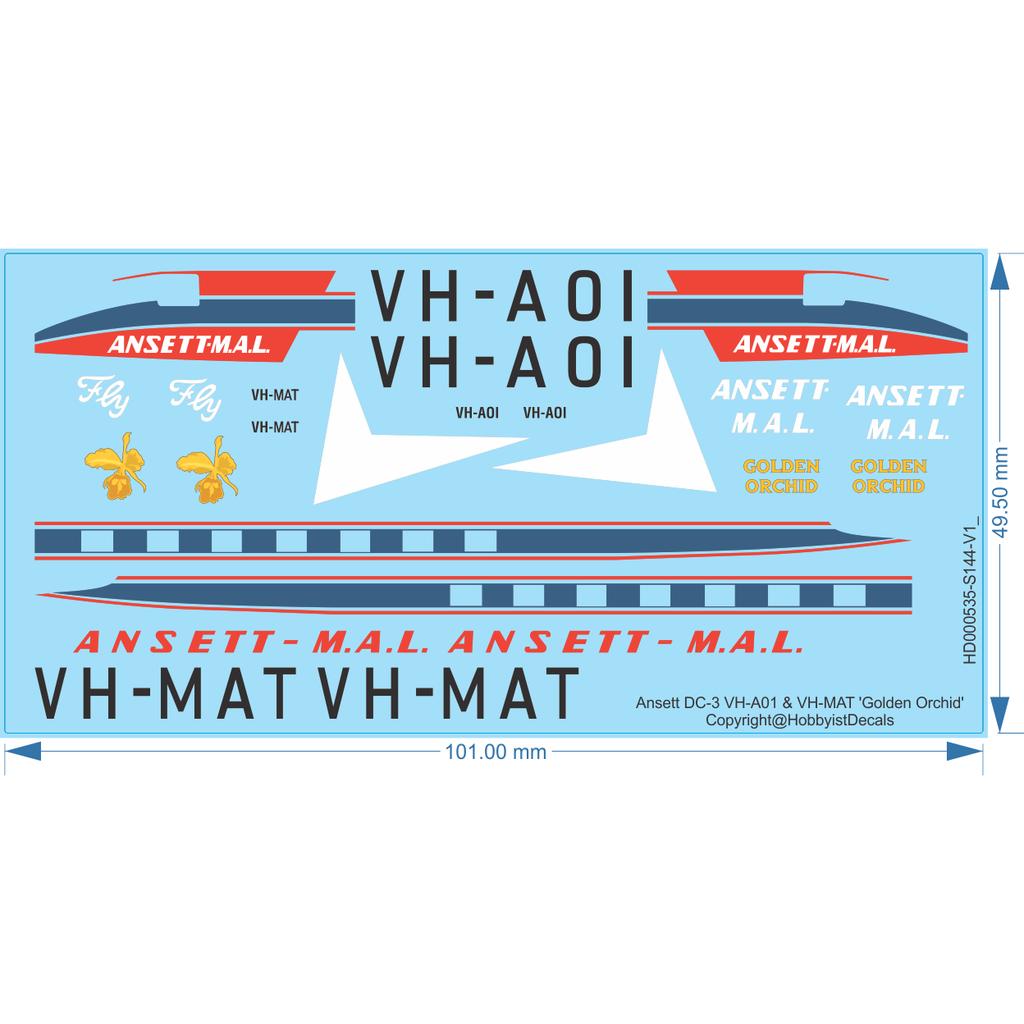 Ansett DC-3 VH-A01 & VH-MAT 'Golden Orchid' -1/48 1/72 1/144 1/200 - Watertransfer Decal