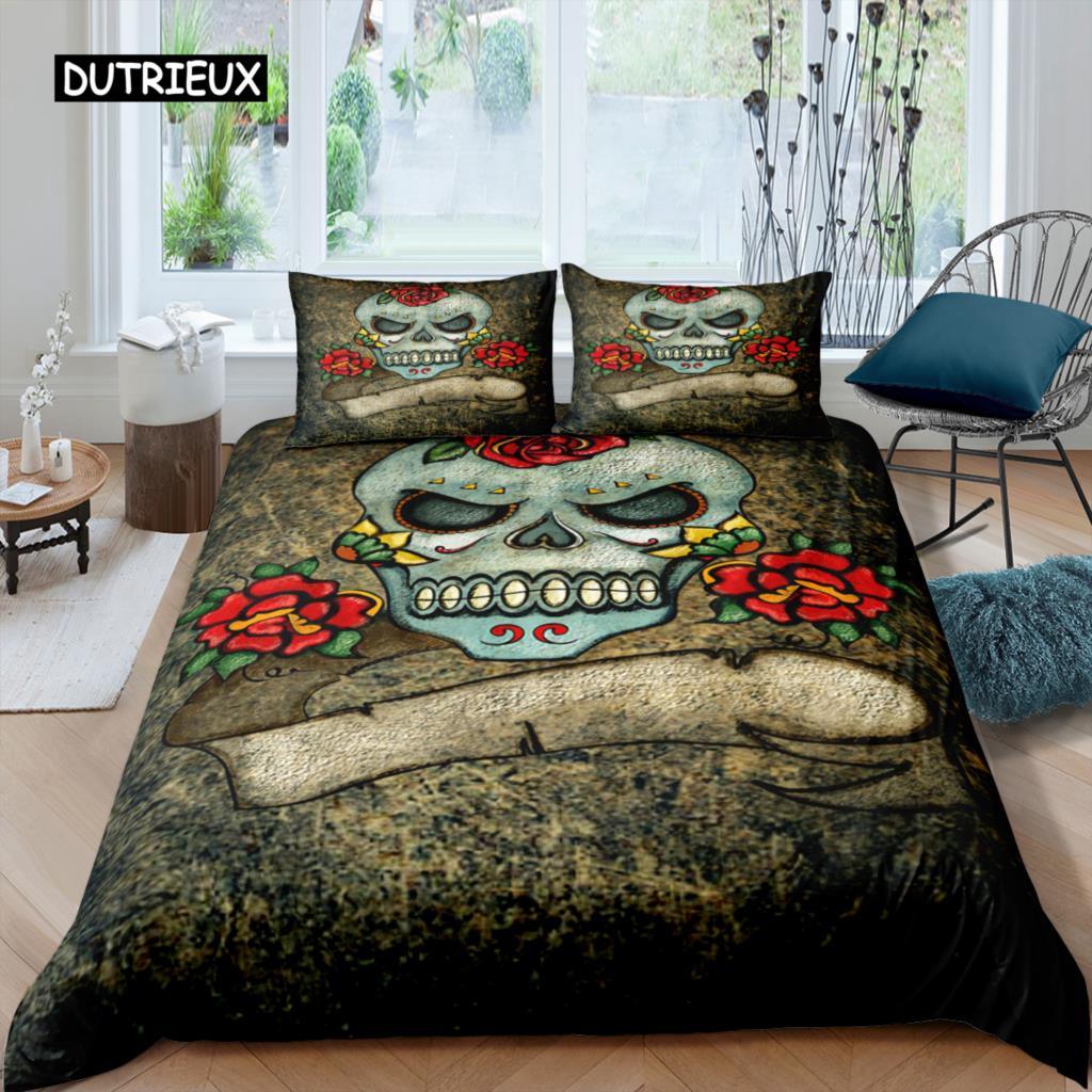 Ložní soupravy Sugar Skull King Krása Polibek Lebka Povlak na přikrývku Ložní souprava Bohémský potisk Černé ložní prádlo Velikost Queen Bedline