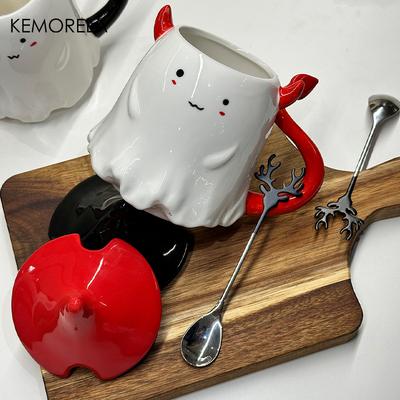 1/2PCS 470ml Halloween Themed Ceramic Coffee Mug with Lid And Spoon - Little Devil And Devil Tail Design Cute Halloween Gift