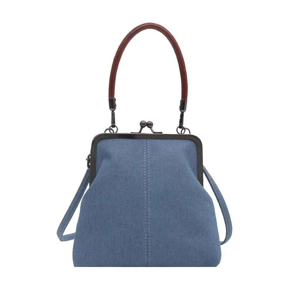 

Elegant Kiss Lock Shoulder Bag Solid Color Large Capacity Denim Blue Crossbody Bag Messenger Pouch Purse Vintage Women s Handbag