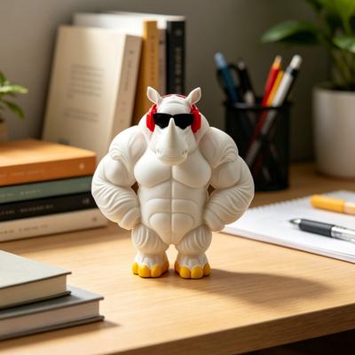 Funny Rhinoceros Desktop Statue 3D Printed Muscle Animal Figurine with Sunglasses And Headphones Novelty Cool Rhinoceros Ornament for Home Decor