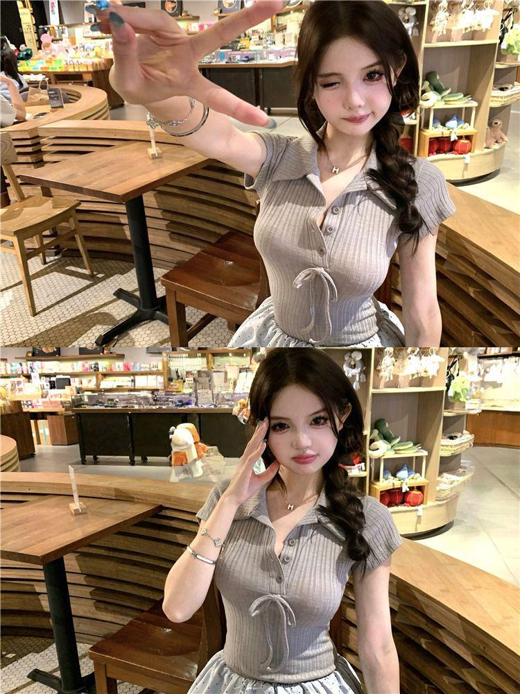 Koreańska morelowa sukienka z kołnierzykiem polo, krótkim rękawem, dopasowana, patchworkowa, dla kobiet