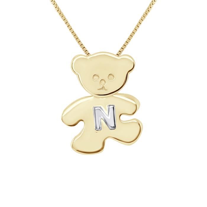 LÉA & ARTHUR - Pendentif Enfants Motif (OURSON) Plaqué Or Jaune & (Lettre N) Argent 925 Millièmes Rhodié