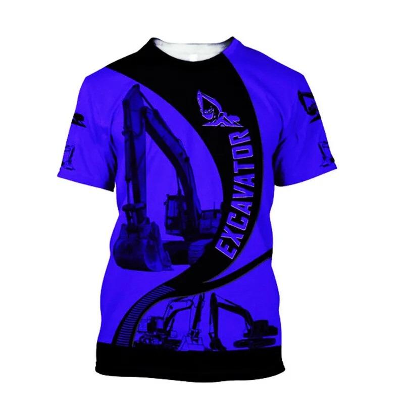 Excavator 3D Print T-shirt For Men Machinery Operator Stripe Short Sleeve Breathable Loose T Shirts Outdoor Summer Work Clothes