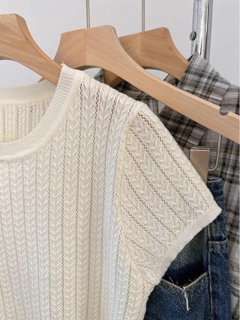 Korean Style Twist Hollow Knitted Short Sleeve Women's Spring/Summer 2025 Top