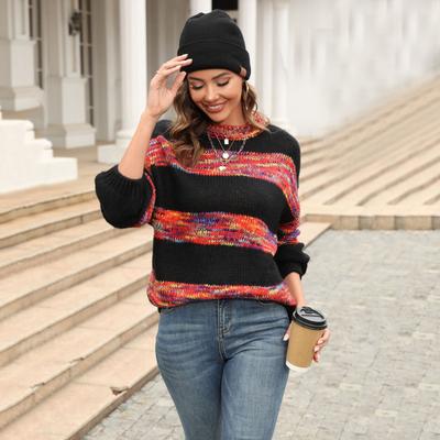 Women's Autumn and Winter Loose Round Neck Splicing Knitted Pullover Jumper