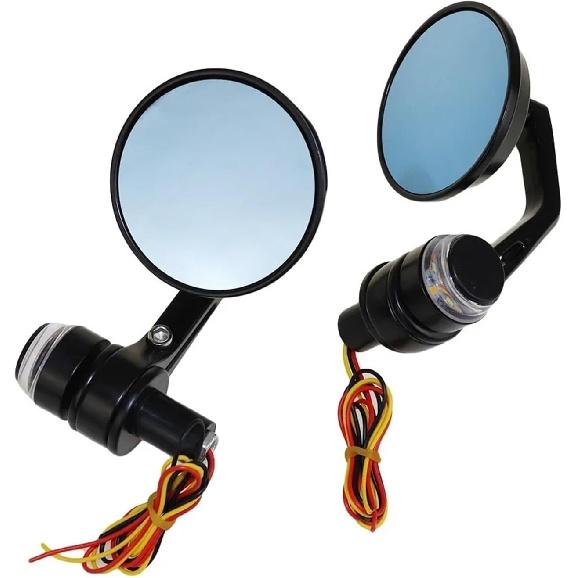 

Handlebar Bar End Round Rear View Mirror with LED Turn Signal Lights Universal Compatible with Motorcycle Aluminum Glass 7/8“ 2pcs 22mm(Blue Lens)
