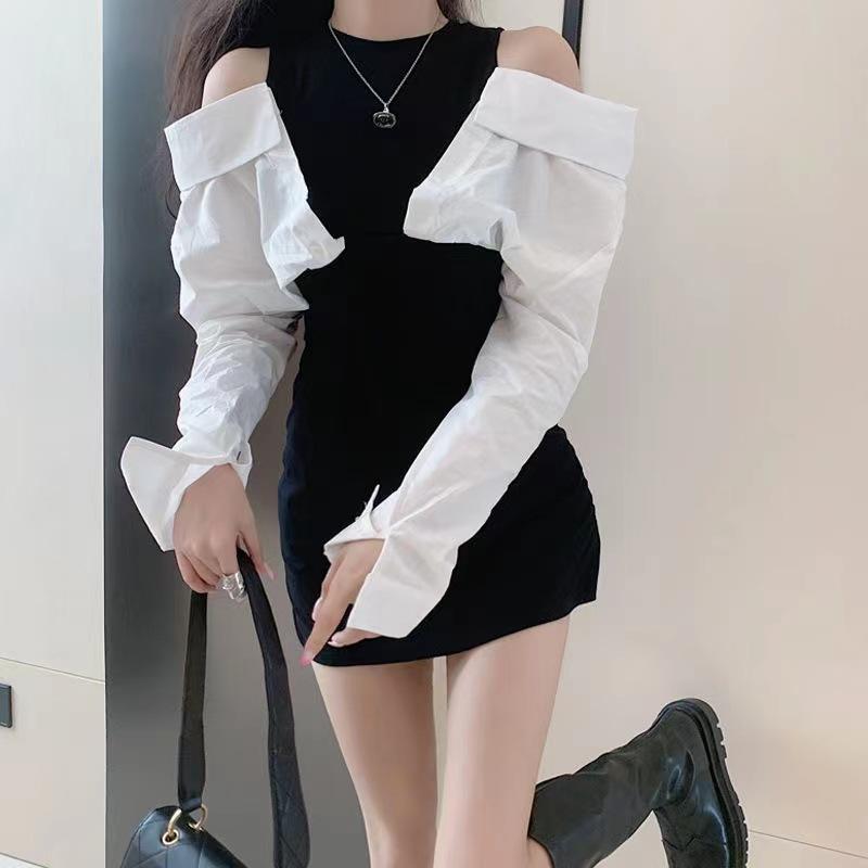 Autumn new design sense niche light and familiar sexy off-the-shoulder fashion color matching waist-wrapped hip long-sleeved dress