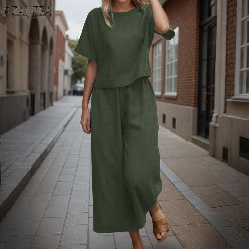 ZANZEA Dame Casual Halvlange Ermer Bluse og Bukser Sommer Todelt Draktssett