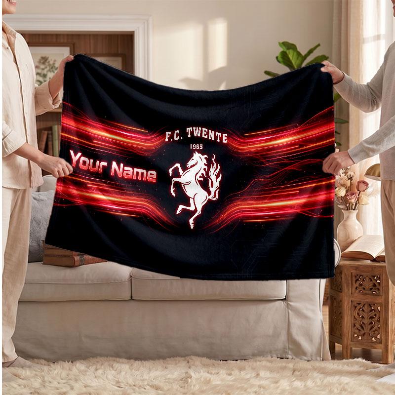 FC Twente Personalized Fleece Blanket With Football Logo, Custom Name Text Soft Warm Home Throw Blanket