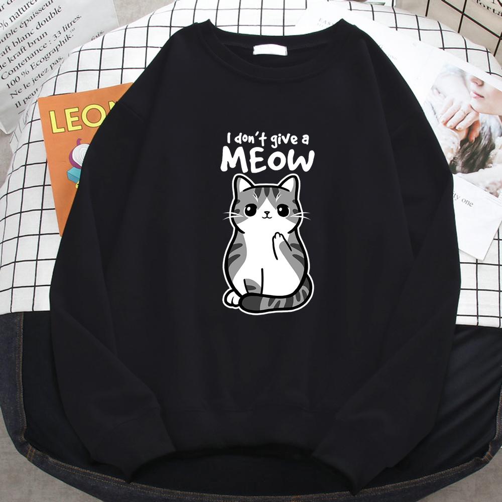 Women's Simple Autumn Womens Sweatshirt I Don'T Give A Meow Funny Cat Cartoon Animalmale Print Hoody Fleece Pullovers Tops