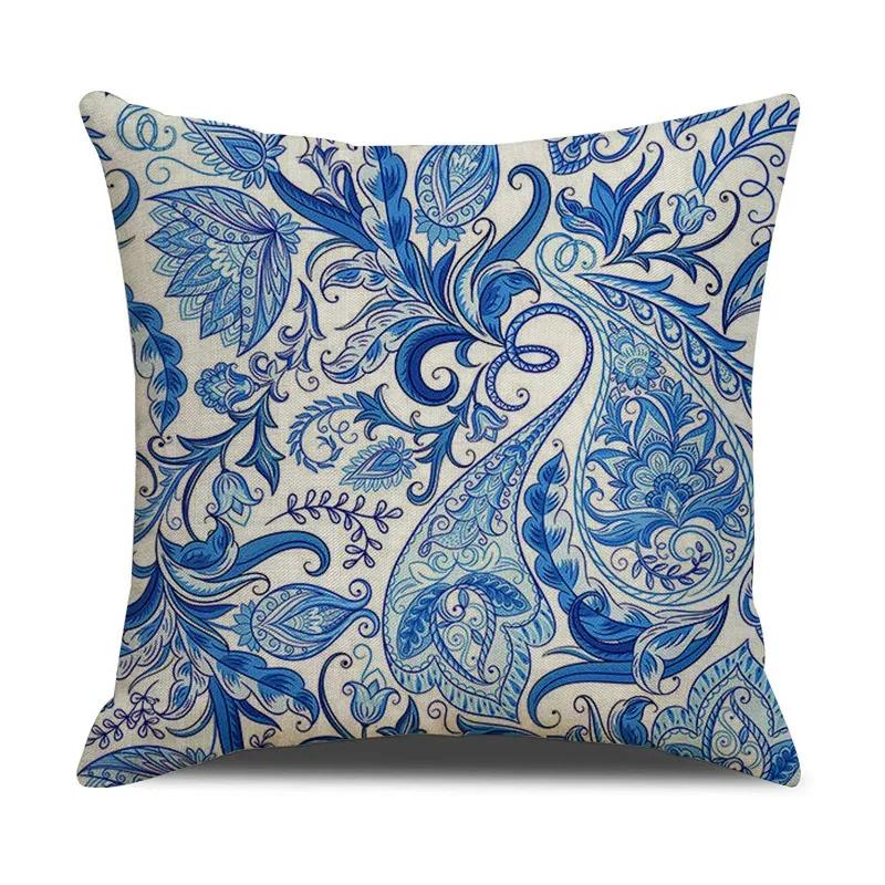 Chinese retro style blue and white ceramic printed fabric linen cotton throw pillow wrapped sofa home decoration pillowDT--, 30x30cm
