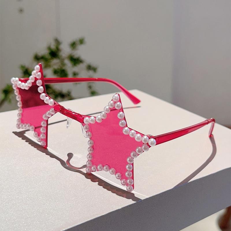 KAMMPT Cute Star Shaped Sunglasses with Pearls Women New Fashion Decor Shades Trendy Original Handmade Outdoor Rave Sun Glasses