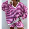 European and American style ins striped home pajamas pajama pants set women's V multi-color long-sleeved shorts casual wear