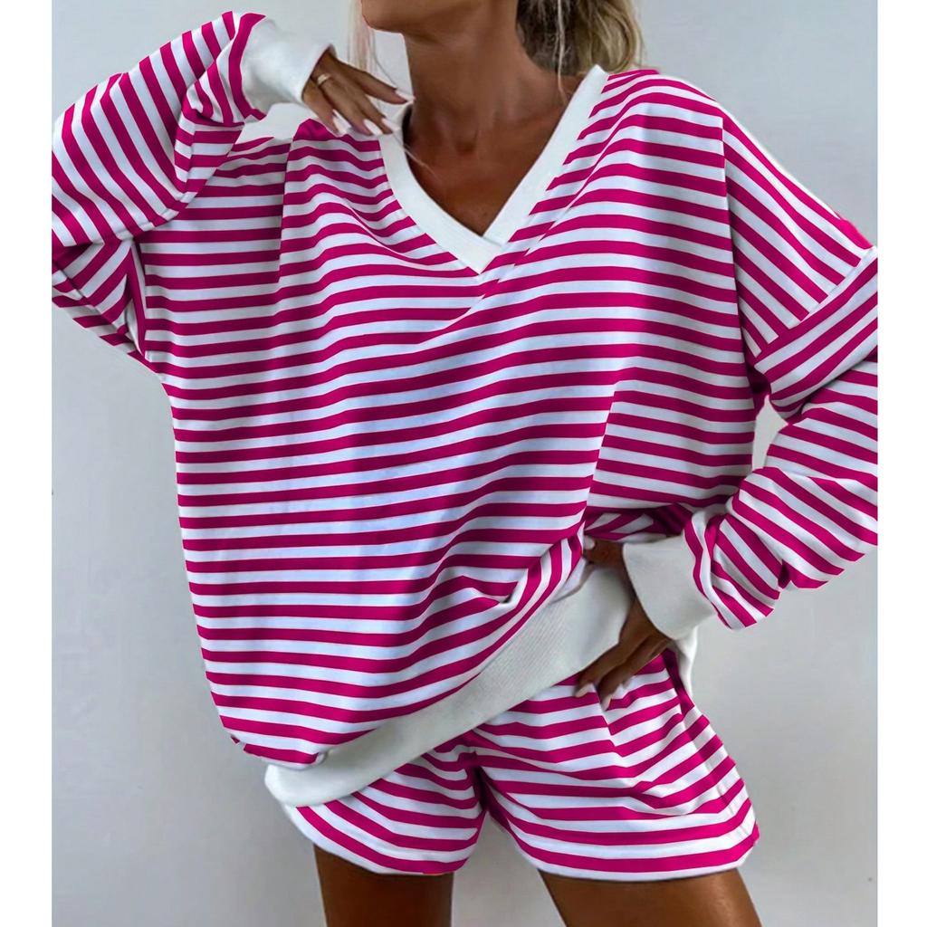 European and American style ins striped home pajamas pajama pants set women's V multi-color long-sleeved shorts casual wear