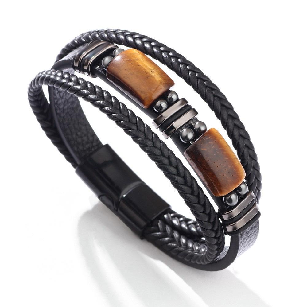 Men s Tiger Eye Stone Bracelet Magnetic Buckle European and American Jewelry Bracelet Retro Bracelet Leather Bracelet Birthday 9inch
