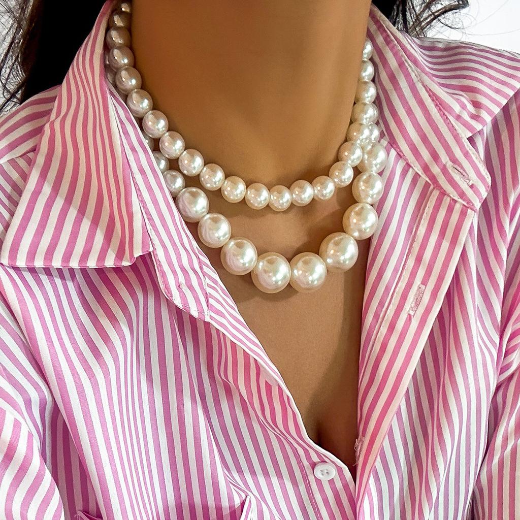 Stacked beaded heart-shaped full diamond French necklace temperament multi-layer rice-shaped imitation pearl necklace women's European 