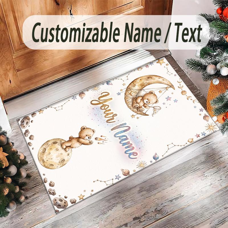 Alfombra de Terciopelo de Cristal con Temática de Osito de Peluche, Alfombrilla Suave para el Suelo con Nombre de Texto Personalizado, Decoración del Hogar