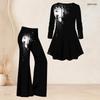 Women Plus Size Printed Two Piece Set Round Neck Three Quarter Sleeve Flared Top Flared Pants