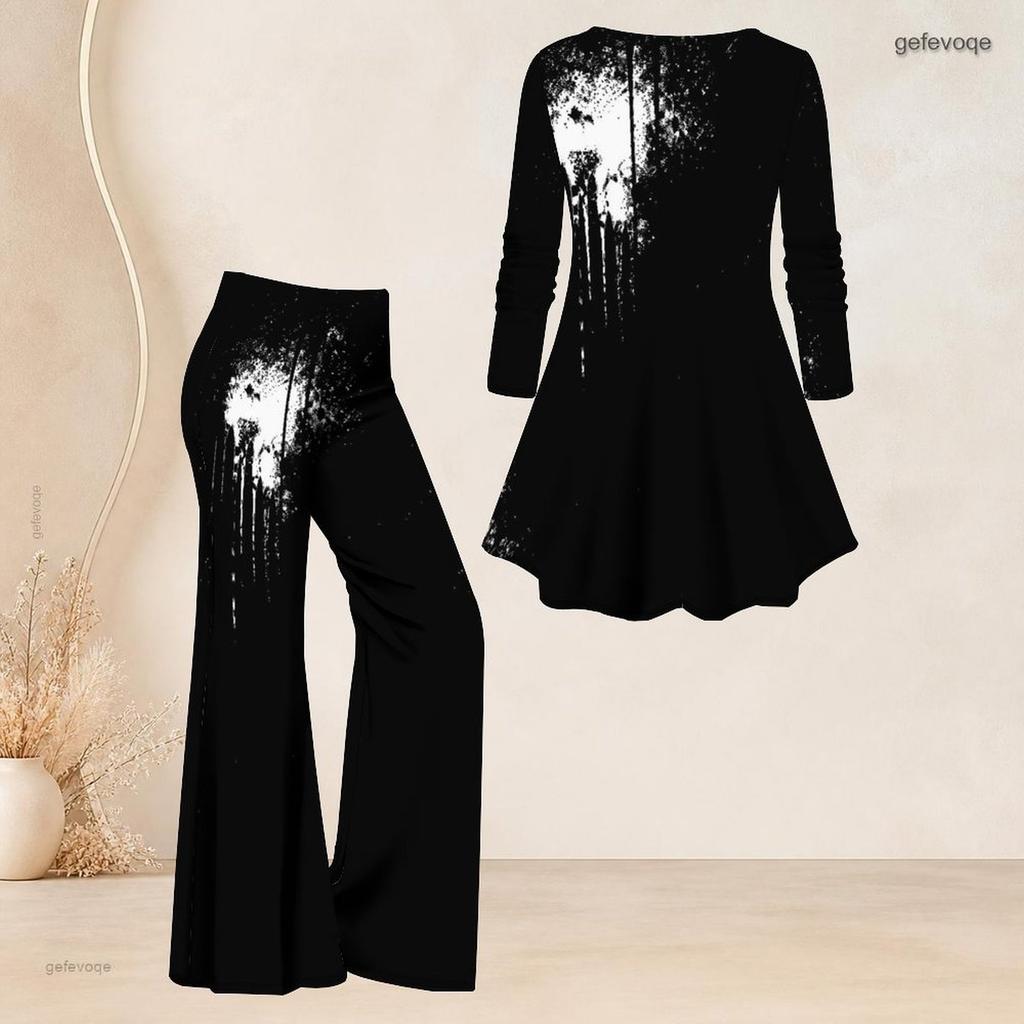 Women Plus Size Printed Two Piece Set Round Neck Three Quarter Sleeve Flared Top Flared Pants