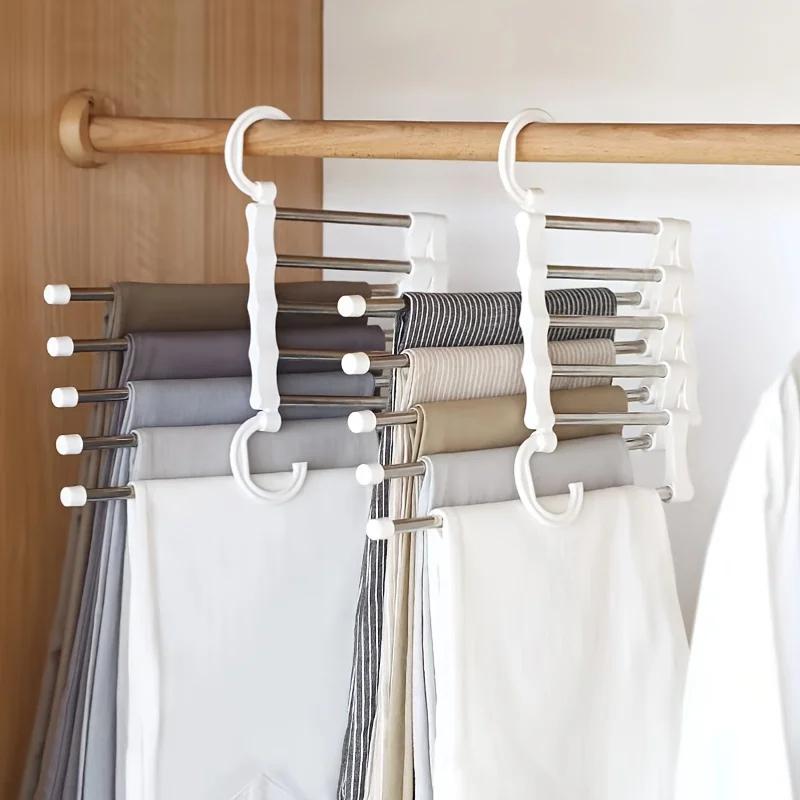 1pc 5-in-1 Stainless Steel Folding Pants Rack Tie Rack Rack Bedroom Closet Organizer Wardrobe Lockers