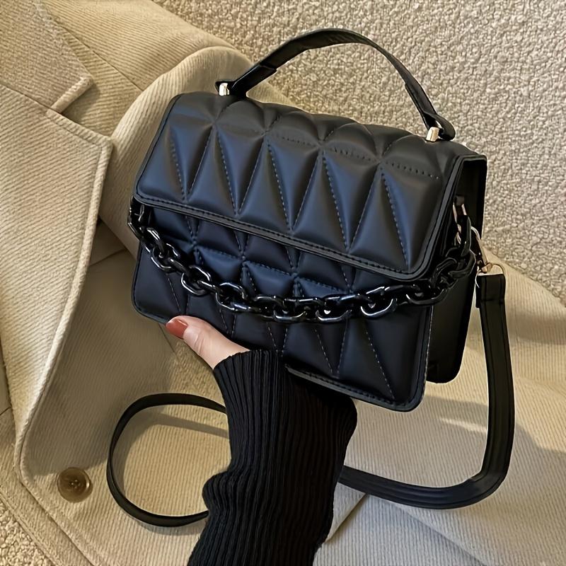 Elegant Quilted Crossbody Bag for Women, Shoulder Handbag with Adjustable Strap, Magnetic Closure, Lined, Painted Edge, Solid Black Messenger Bag