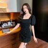French gas waist bubble sleeve drawstring pleated new dress short sleeve square collar thin celebrity skirt