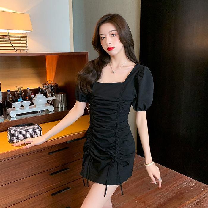 French gas waist bubble sleeve drawstring pleated new dress short sleeve square collar thin celebrity skirt