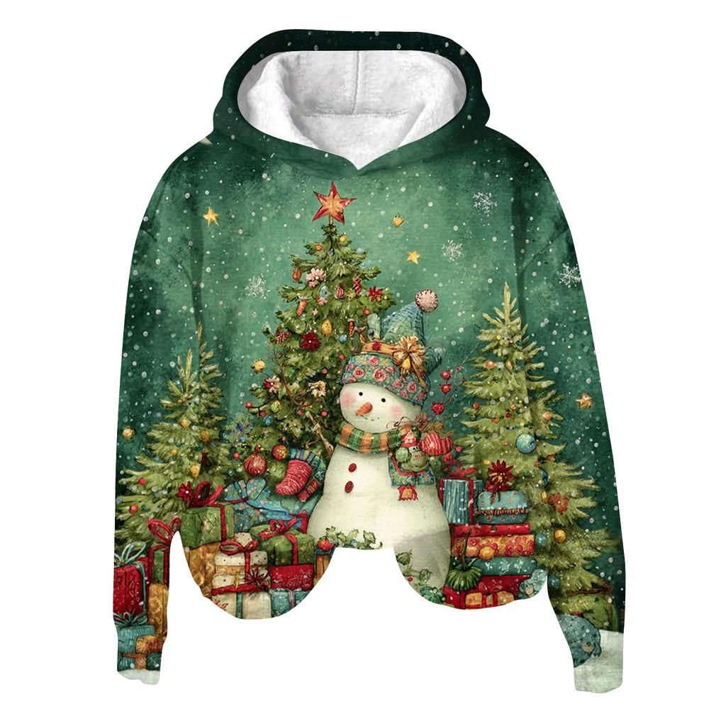 Women's Fashion Long Sleeve Christmas Print Loose Hooded Sweatshirt Top