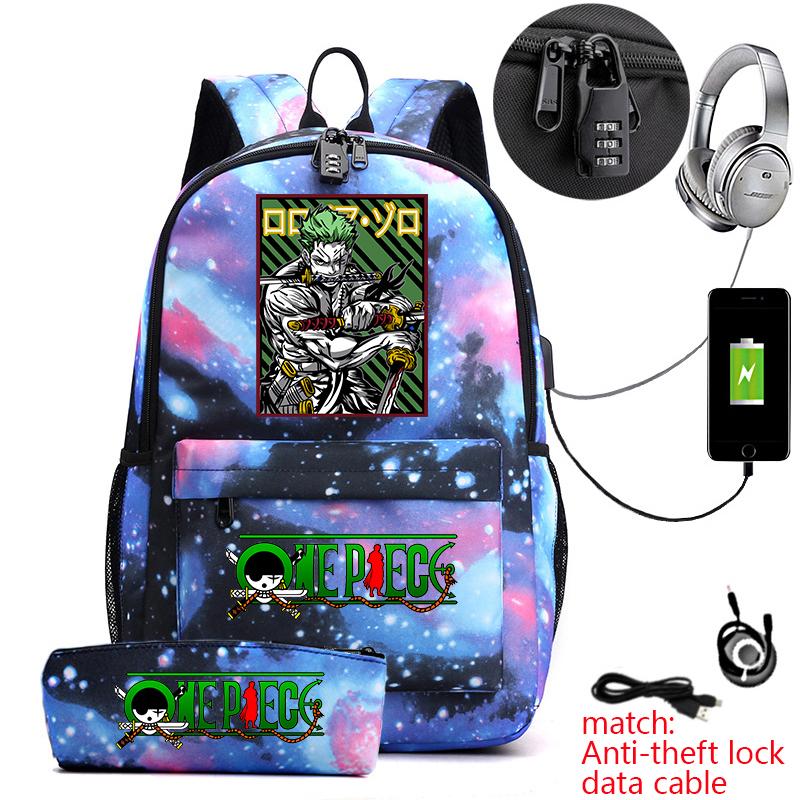 One Piece Zoro Print Anti Theft School Backpack Student Bookbag with Pen Case for Kids Teens