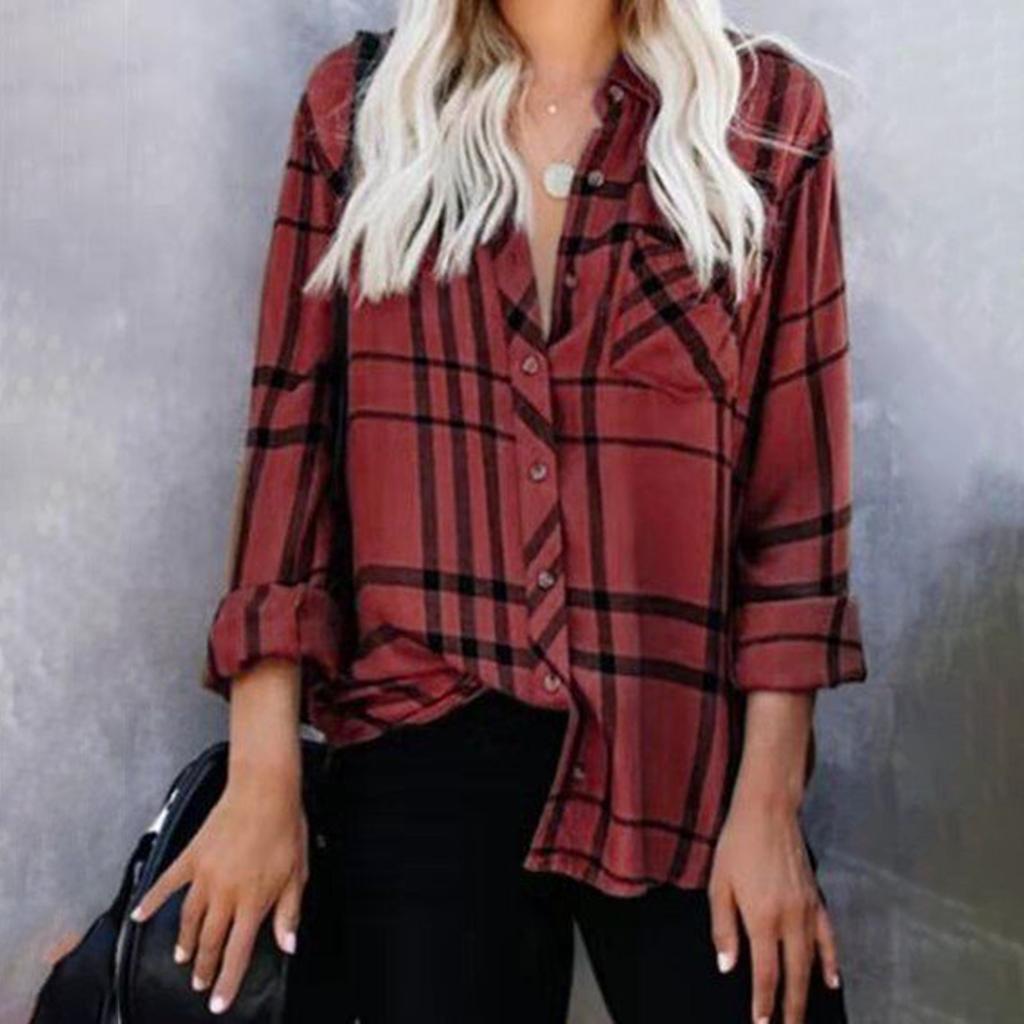 Women's Casual Loose Lapel Long Sleeve Plaid Printed Shirt Blouse Shirts Tops