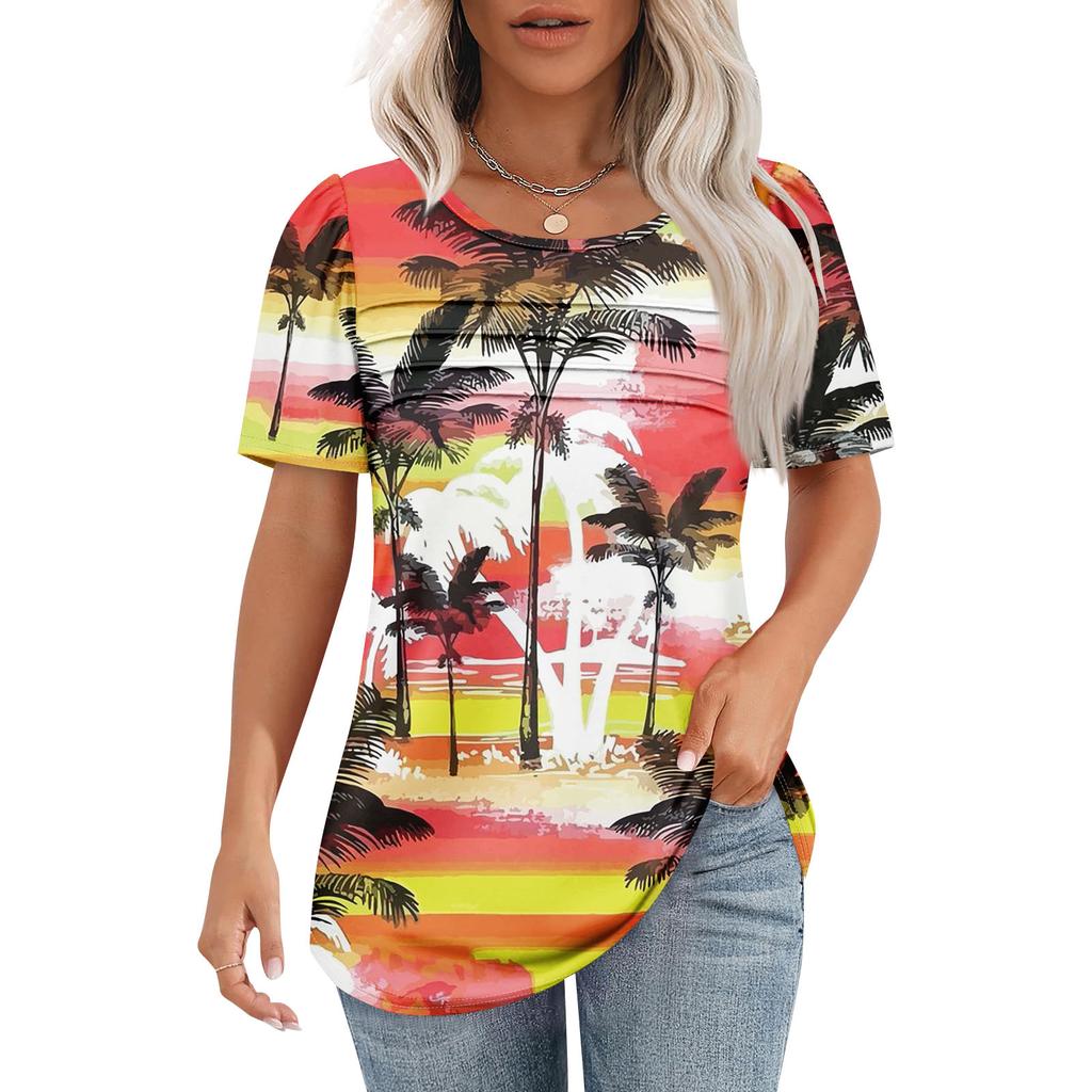 Women's T-shirt Short Sleeve Tops Elegant Casual Shirt Spring Summer Outfit Flowy Pleated Front Round Neck Summer Tops