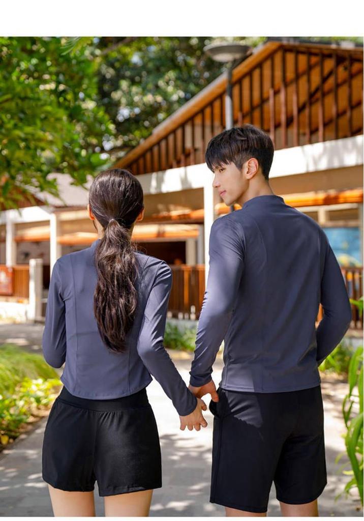 Women's Slim-Fit Three-Piece Swimsuit: Boy Shorts, Long-Sleeved Top, Tummy Concealing. Men's Two-Piece: Perfect for Couple Swimwear.